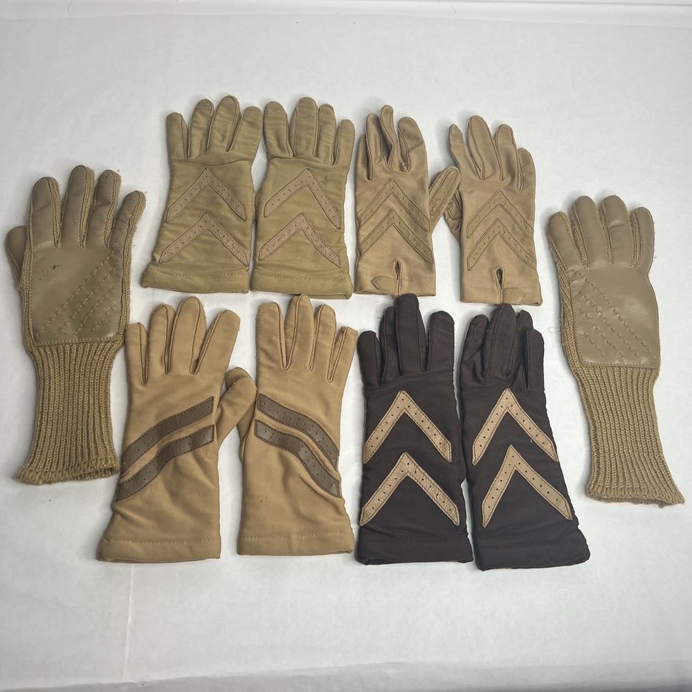VTG Lot 5 Pair Gloves Isotoner by Aris‎ Nylon Spandex Acrylic Brown Tan Knit